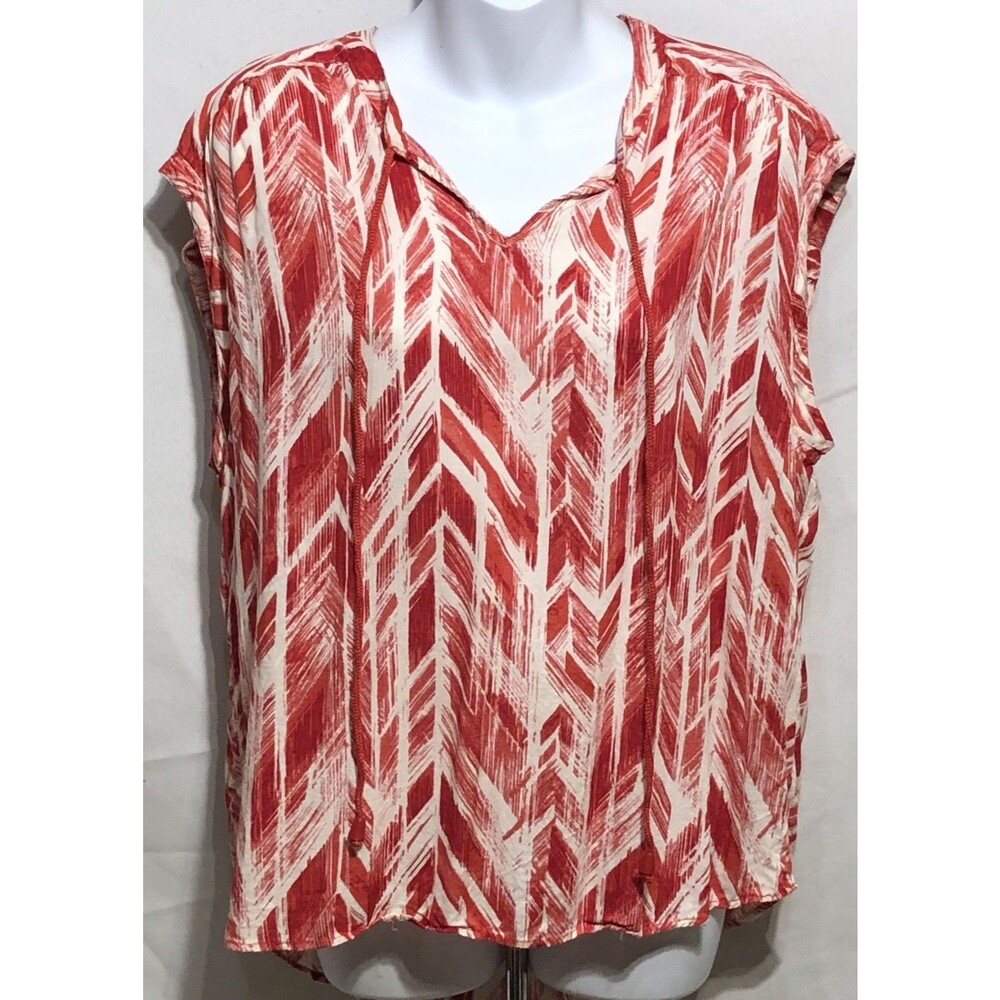 Salon Studio Top XL Red Ivory Geo Tie Neck Sleeveless Hi Lo Hem beach coastal